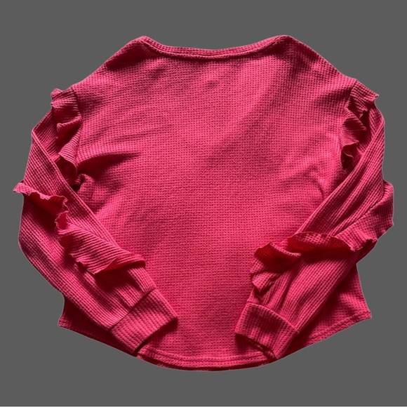 🌺 Anthropologie Pilcro Waffle Knit Wide V-Neck Slouchy Ruffle Top Pink Size Med - Picture 12 of 17
